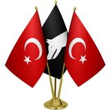 Satürn Design Masaüstü Siyah Göktürk Bayrağı Türk Bayrağı Üçlü Pirinç Direk Masa Bayrak Seti