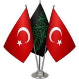 Satürn Design Masaüstü Siyah Kelimei Tevhid Bayrağı Türk Bayrağı Üçlü Krom Direk Masa Bayrak Seti