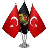 Satürn Design Masaüstü Siyah Osmanlı Arması Bayrağı Türk Bayrağı Üçlü Krom Direk Masa Bayrak Seti