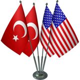 Satürn Masa Üstü Abd Amerika Bayrağı Türk Bayrağı Dörtlü Krom Direk Masa Bayrak Seti - Renkli