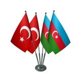 Satürn Masa Üstü Azerbaycan Bayrağı Türk Bayrağı Dörtlü Krom Direk Masa Bayrak Seti