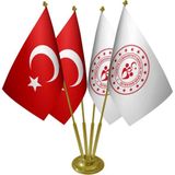 Satürn Masa Üstü Gençlik ve Spor Bakanlığı Bayrağı Türk Bayrağı Dörtlü Pirinç Direk Masa Bayrak Seti