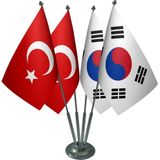 Satürn Masa Üstü Güney Kore Bayrağı Türk Bayrağı Dörtlü Krom Direk Masa Bayrak Seti