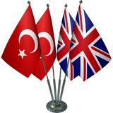 Satürn Masa Üstü Ingiltere Bayrağı Türk Bayrağı Dörtlü Krom Direk Masa Bayrak Seti