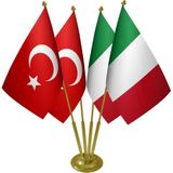 Satürn Masa Üstü Italya Bayrağı Türk Bayrağı Dörtlü Pirinç Direk Masa Bayrak Seti