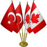Satürn Masa Üstü Kanada Bayrağı Türk Bayrağı Dörtlü Pirinç Direk Masa Bayrak Seti