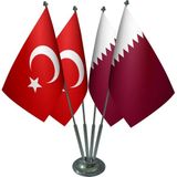 Satürn Masa Üstü Katar Bayrağı Türk Bayrağı Dörtlü Krom Direk Masa Bayrak Seti