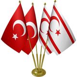 Satürn Masa Üstü Kktc Kuzey Kıbrıs Bayrağı Türk Bayrağı Dörtlü Pirinç Direk Masa Bayrak Seti