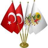 Satürn Masa Üstü Osmanlı Arması Bayrağı Türk Bayrağı Dörtlü Pirinç Direk Masa Bayrak Seti