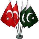 Satürn Masa Üstü Pakistan Bayrağı Türk Bayrağı Dörtlü Krom Direk Masa Bayrak Seti - Renkli