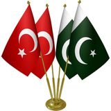 Satürn Masa Üstü Pakistan Bayrağı Türk Bayrağı Dörtlü Pirinç Direk Masa Bayrak Seti