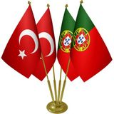 Satürn Masa Üstü Portekiz Bayrağı Türk Bayrağı Dörtlü Pirinç Direk Masa Bayrak Seti