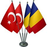 Satürn Masa Üstü Romanya Bayrağı Türk Bayrağı Dörtlü Krom Direk Masa Bayrak Seti