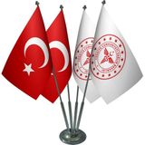 Satürn Masa Üstü Sağlık Bakanlığı Bayrağı Türk Bayrağı Dörtlü Krom Direk Masa Bayrak Seti - Renkli
