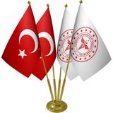 Satürn Masa Üstü Sağlık Bakanlığı Bayrağı Türk Bayrağı Dörtlü Pirinç Direk Masa Bayrak Seti