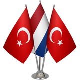 Satürn Masaüstü Hollanda Bayrağı Türk Bayrağı Üçlü Krom Direk Masa Bayrak Seti
