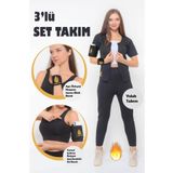 SAUNA SUIT Kadın Termal Fermuarlı Tayt Alt-üst Takım Ve Neopren Sporcu Bileklik , Koşu Bandı 3lü Takımset
