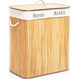 Savarga Dikdörtgen Iki Bölmeli Iç Bez Bambu Ahşap Kirli Çamaşır Sepeti Ip Kulp 52X32X62CM (4801)