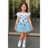 Savorzy Ponponlu Tshirt Tütü Etek Takım - Mavi - Beyaz - 1 - 2 Yaş