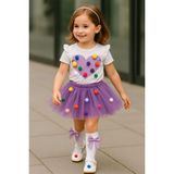 Savorzy Ponponlu Tshirt Tütü Etek Takım - Mor - Beyaz - 1 - 2 Yaş
