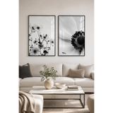 Sayetablo Monochrome Bloom - Gerçek Cama Baskı Siyah Alüminyum Metal Çerçeveli Ikili Modern Cam Tablo, Siyah, 40 x 60