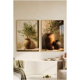 Sayetablo Roots Of Olive Zeytin - Gerçek Cama Baskı Gold Alüminyum Metal Çerçeveli Ikili Modern Cam Tablo, Gold, 70 x 100