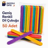 Saygılıofis Renkli 50 Adet Dil Çubuğu Ahşap Büyük Geniş Abeslang Dondurma Dil Basma Çubuk