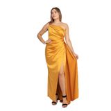 SAYGIN GİYİM 408 Tek Omuz Beli Drape Yırtmaç ve Kuyruklu Saten Uzun Elbise