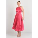 SAYGIN Halter Yaka Saten Midi Abiye Elbise, 38, 81992025624, Kırmızı, Kadın