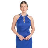 Saygın Halter Yaka Taşlı Balık Form Saten Abiye, 40, 81992025620, Saks, Kadın