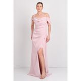 SAYGIN İp Askılı Drapeli Yırtmaçlı Uzun Abiye Elbise, 38, 81992025625, Pudra, Kadın