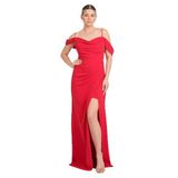 SAYGIN İp Askılı Drapeli Yırtmaçlı Uzun Abiye Elbise, 40, 81992025625, Kırmızı, Kadın