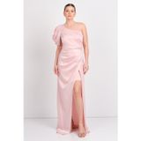 Saygın Kadın Tek Omuz Saten Maxi Abiye Elbise 5643 Pudra