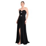 SAYGIN Straplez Taş Detaylı Yırtmaçlı Uzun Abiye Elbise, 38, 81992025656, Siyah, Kadın