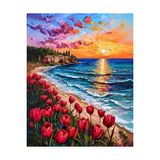 Sayılarla Boyama Numaralı Tuval Seti Fırça Boya Dahil 40X50 Cm, Kırmızı Laleler ve Günbatımı Sahil - Çok Renkli