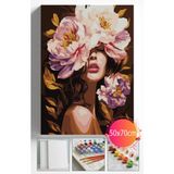 Sayılarla Boyama Seti Numaralı Tuval Fırça Boya Dahil Kasnaklı Set 50X70 cm - Çiçek Açan Kadın