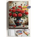 Sayılarla Boyama Seti Numaralı Tuval Fırça Boya Dahil Kasnaklı Set 50X70 cm - Kırmızı Vazo Gül