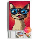Sayılarla Boyama Seti Numaralı Tuval Fırça Boya Dahil Kasnaklı Set 50X70 cm -Şaşkın Gözlüklü Kedi
