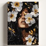 Sayılarla Boyama Tuval Hobi Seti BEYAZ ÇİÇEK SİYAH KADIN Temalı Fırça ve Boya Dahil Set (Çıtalı) 50x70 CM Kendin Yap Sayılarla Tuval Boya Kiti (KASNAKLI)