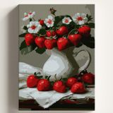 Sayılarla Boyama Tuval Hobi Seti ÇİLEK VAZOSU Temalı Fırça ve Boya Dahil Set (Çıtalı) 50X70 CM Kendin Yap Sayılarla Tuval Boya Kiti (KASNAKLI)