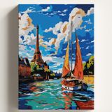 Sayılarla Boyama Tuval Hobi Seti EYFEL TEKNE Temalı Fırça ve Boya Dahil Set (Çıtalı) 40x50 CM Kendin Yap Sayılarla Tuval Boya Kiti (KASNAKLI)