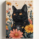 Sayılarla Boyama Tuval Hobi Seti, Fırça ve Boya Dahil Set (Çıtalı) 50x70 CM, Kendin Yap Sayılarla Tuval Boya Kiti (KASNAKLI) (50X70, SİYAH KEDİ VE ÇİÇEKLER)