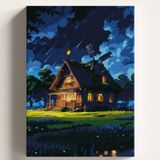 Sayılarla Boyama Tuval Hobi Seti GECE YILDIZLI EV Temalı Fırça ve Boya Dahil Set (Çıtalı) 50X70 CM Kendin Yap Sayılarla Tuval Boya Kiti (KASNAKLI)