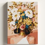 Sayılarla Boyama Tuval Hobi Seti GOLD ÇİÇEK KADIN Temalı Fırça ve Boya Dahil Set (Çıtalı) 50X70 CM Kendin Yap Sayılarla Tuval Boya Kiti (KASNAKLI)