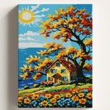 Sayılarla Boyama Tuval Hobi Seti GÜNEŞ VE EV Temalı Fırça ve Boya Dahil Set (Çıtalı) 50X70 CM Kendin Yap Sayılarla Tuval Boya Kiti (KASNAKLI)