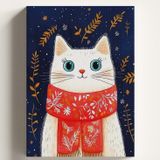 Sayılarla Boyama Tuval Hobi Seti, KIRMIZI ATKILI KEDİ Temalı Fırça ve Boya Dahil Set (Çıtalı) 50x70 CM, Kendin Yap Sayılarla Tuval Boya Kiti (KASNAKLI)