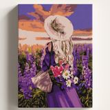 Sayılarla Boyama Tuval Hobi Seti MOR ÇİÇEKLER İÇİNDE KADIN Temalı Fırça ve Boya Dahil Set (Çıtalı) 50X70 CM Kendin Yap Sayılarla Tuval Boya Kiti (KASNAKLI)