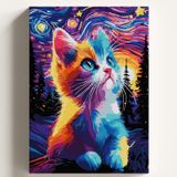 Sayılarla Boyama Tuval Hobi Seti, RENKLİ KEDİ VE GÖKYÜZÜ Temalı Fırça ve Boya Dahil Set (Çıtalı) 50x70 CM, Kendin Yap Sayılarla Tuval Boya Kiti (KASNAKLI)