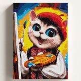 Sayılarla Boyama Tuval Hobi Seti, Ressam Kedi Temalı Fırça ve Boya Dahil Set (Çıtalı) 40X50 Cm, Kendin Yap Sayılarla Tuval Boya Kiti (Kasnaklı) - Standart