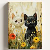 Sayılarla Boyama Tuval Hobi Seti, Siyah Beyaz Kedi Temalı Fırça ve Boya Dahil Set (Çıtalı) 40X50 Cm, Kendin Yap Sayılarla Tuval Boya Kiti (Kasnaklı) - Çok Renkli